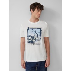 s.Oliver Tricou barbati cu imprimeu foto, decolteu la baza gatului si croiala Regular Fit, Alb, M