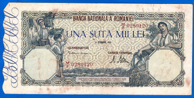 (63) BANCNOTA ROMANIA - 100.000 LEI 1946 (21 OCTOMBRIE 1946), FILIGRAN ORIZONTAL foto