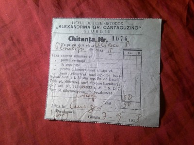 Chitanta 1938 - Taxa pt.Eliberare Diploma Bac la Liceul Fete Ortodox Giurgiu foto