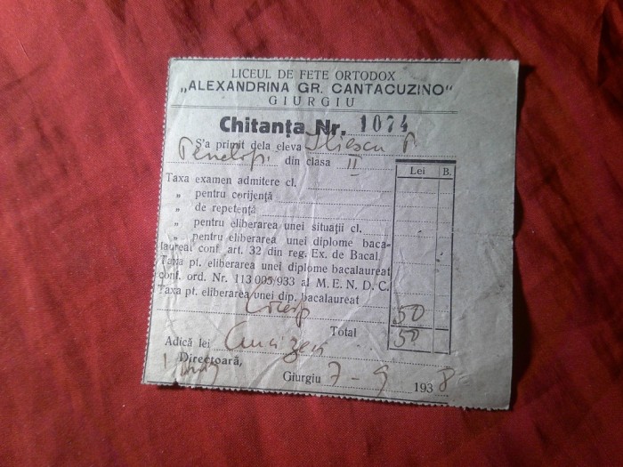 Chitanta 1938 - Taxa pt.Eliberare Diploma Bac la Liceul Fete Ortodox Giurgiu
