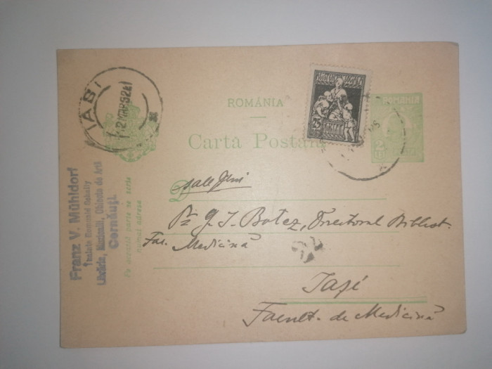 CARTE POSTALA - ROMANIA - STAMPILA IASI / CERNAUTI 1928