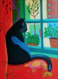 Pisica la fereastra tablou pictat manual pe p&acirc;nză, 30x40 cm