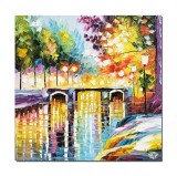 Cumpara ieftin Tablou pictat manual, Peisaj cu pod peste apa, la lumina felinarelor, 50x50cm ulei pe panza in cutit efect 3D, Spectaculos