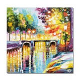 Tablou pictat manual, Peisaj cu pod peste apa, la lumina felinarelor, 50x50cm ulei pe panza in cutit efect 3D, Spectaculos