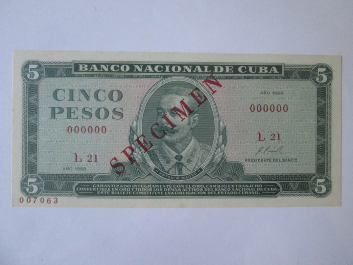 Rară! Cuba 5 Pesos 1968 Specimen UNC