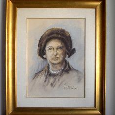 La Signora - portret, pictura originala pastel pe carton, inramat 66 x 81cm