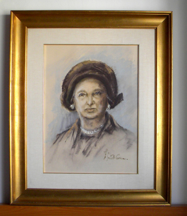 La Signora - portret, pictura originala pastel pe carton, inramat 66 x 81cm