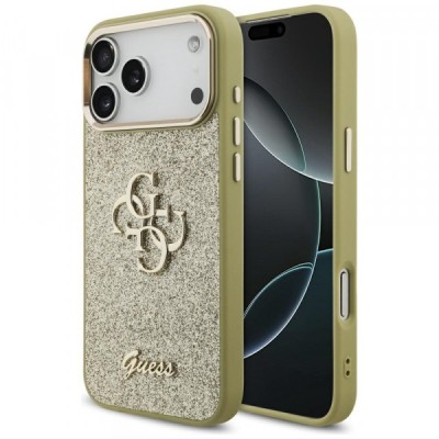 Husa pentru Apple iPhone 17 Pro Max, Guess, Fixed Glitter Big 4G Metal Frame, Aurie foto