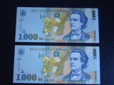 2 Bancnote Consecutive 1000 lei 1998 ROMANIA Filigran BNR Oblic - UNC