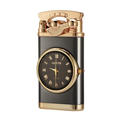 Bricheta Reincarcabila Mercaton, pe Gaz cu Flacara Alba Antivant si Ceas Reglabil Incorporat, 7.5 x 3.8 x 1.5 cm, Negru cu Auriu foto