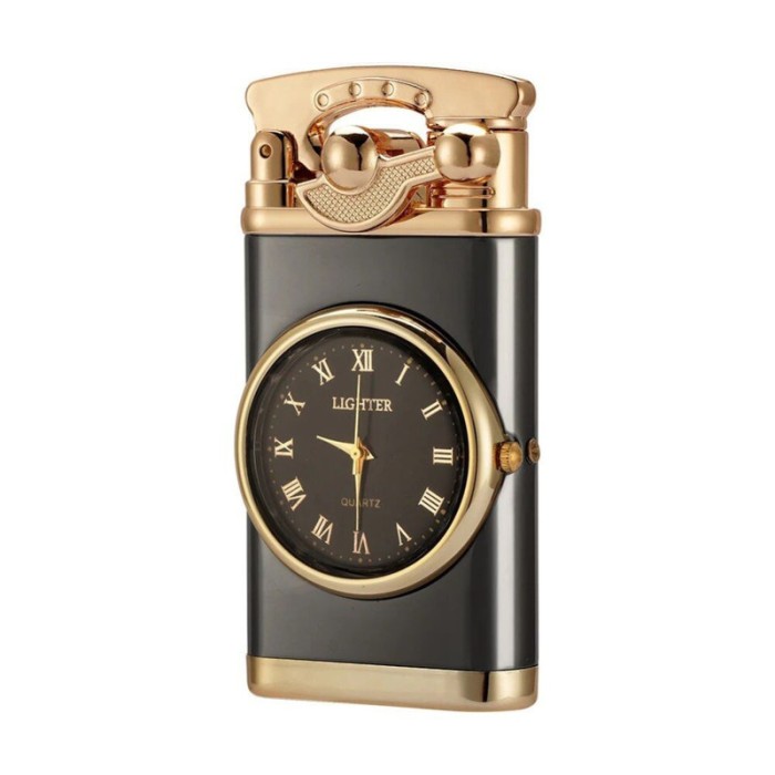 Bricheta Reincarcabila Mercaton, pe Gaz cu Flacara Alba Antivant si Ceas Reglabil Incorporat, 7.5 x 3.8 x 1.5 cm, Negru cu Auriu