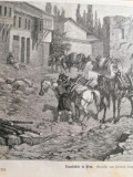 Gravura/litografie veche cu un incendiu in cartierul Pera din Constantinopol