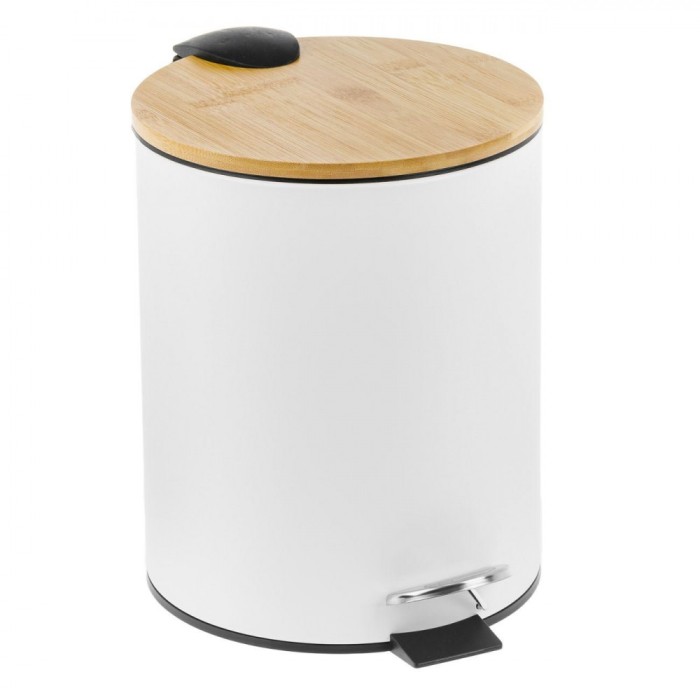 Coș de Gunoi Metalic, Alb Mat, Capac Bambus, M&acirc;ner și Pedală Metalică, Capacitate 5L