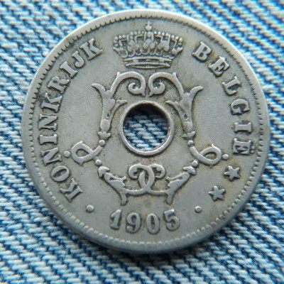 2m - 10 Centimes 1905 Belgia / varianta olandeza / moneda cu gaura foto