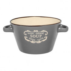 Bol pentru supa cu manere,model liniar,ceramica,gri,500 ml