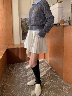 Pulover tricotat, scurt, gri, dama, Shein foto