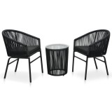 Set Bistro 3 Piese vidaXL, Ratan PVC Negru, Perne Incluse, Masa Sticla, Scaune 58x58x78cm, Gradina/Balcon