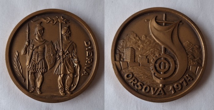 medalia ORSOVA &amp; soldat ROMAN si DAC - medalie veche anul 1974 - placheta superba