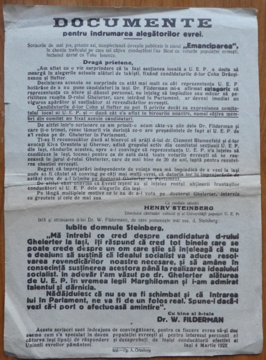 Afis pentru indrumarea alegatorilor evrei , Iasi ,1922 ,semnat Dr. W. Filderman