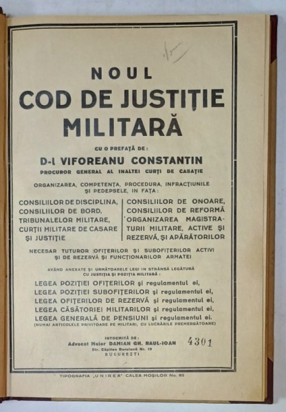 NOUL COD DE JUSTITIE MILITARA de D-L VIFOREANU CONSTANTIN , ANII &#039;30