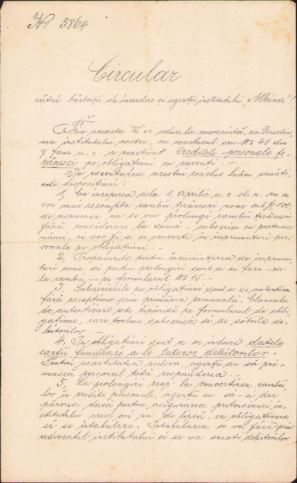 A422 Circular cătră bărbații de &icirc;ncredere și agenții institutului Albina, Sibiu, 1898