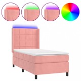 Cumpara ieftin Pat cu arcuri, saltea si LED, roz, 90x190 cm, catifea