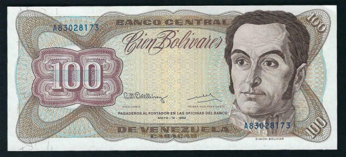 VENEZUELA █ bancnota █ 100 Bolivares █ 1992 █ P-66d █ UNC █ necirculata