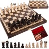 Joc de sah regal, din lemn, figurine sculptate, decoratiuni metalice, valiza cu insertii, 30.5 x 30.5 x 2 cm