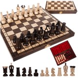 Joc de sah regal, din lemn, figurine sculptate, decoratiuni metalice, valiza cu insertii, 30.5 x 30.5 x 2 cm