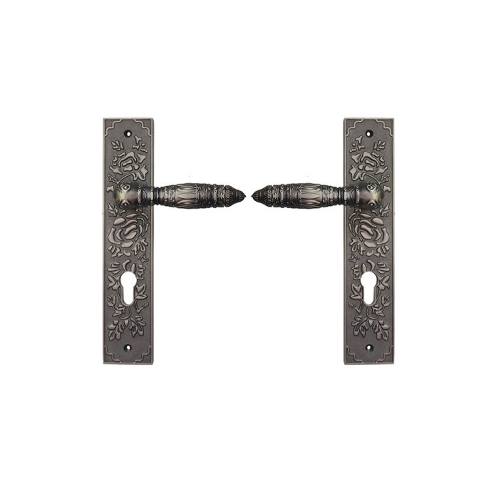 Manere cu sild pentru usi si porti metalice, crom antic, model floral turnat, interax 85 mm, lungime 250 mm, latime 50 mm