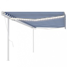 vidaXL Copertină automată cu senzor v&acirc;nt &amp; LED, albastru&amp;alb, 5x3 cm