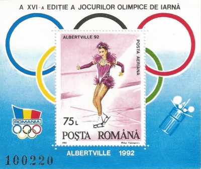 |Romania, LP 1275/1992, J.O. de Iarna, Albertville, colita dantelata, MNH foto