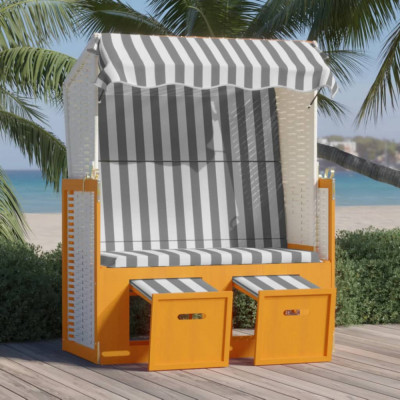 vidaXL Scaun de plajă cu baldachin, alb/gri, poliratan și lemn masiv foto