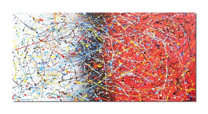 Tablou gigant pictat manual living, birou, Compozitie abstracta, 140x70cm ulei pe panza, reproducere Jackson Pollock