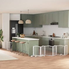 vidaXL Poartă c&acirc;ini pliabilă cu ușă, 9 panouri, alb, 450 cm, lemn plop 3155591