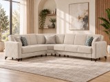 Coltar Kayra Crem Catifea, 310x90x250 cm, Lada Depozitare, Extensibil, 5 Perne Decorative, Canapea Living