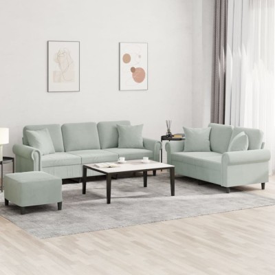 vidaXL Set de canapele, 3 piese, cu perne, gri deschis, catifea 3202280 foto