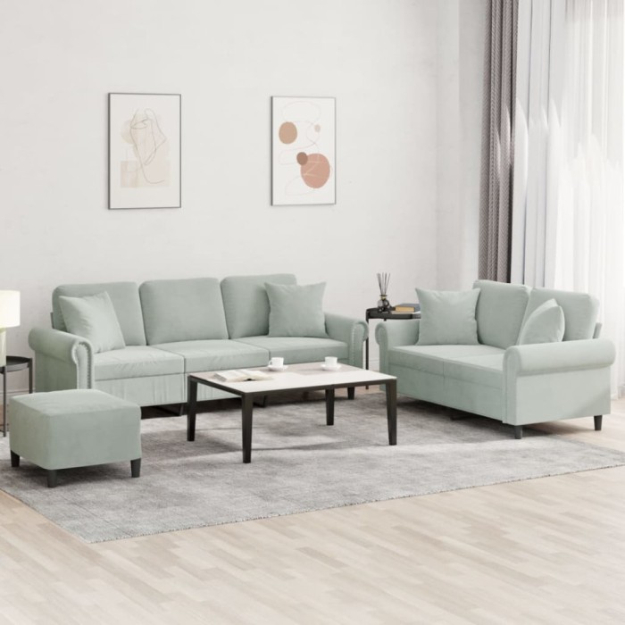 vidaXL Set de canapele, 3 piese, cu perne, gri deschis, catifea 3202280
