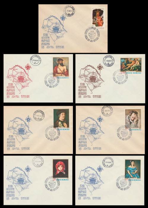 1968 Prima Expozitie Filatelica itineranta Botosani, 7 plicuri stampila speciala