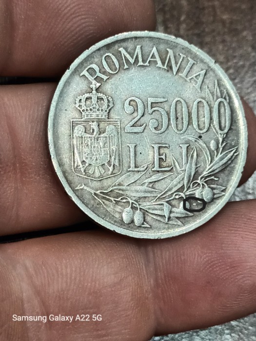 25000 LEI 1946 ARGINT LINIUTA INTRE MASLINE RARA