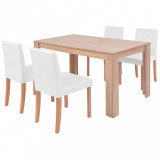 Masă și scaune 5 piese, piele artificială, stejar, crem, Set masa si scaune, 4 scaune, vidaXL
