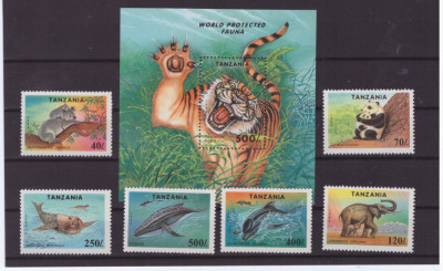 170-TANZANIA-Animale din Africa-Bloc si Serie de 6 timbre nestampilate MNH foto