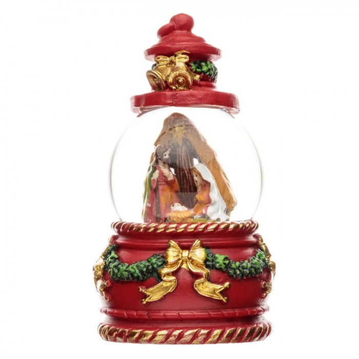 Glob Lichid Crăciun, Model Felinar Nașterea Lui Isus, Culoare Roșu, Material Sticlă, Diametru 4.5 Cm, &Icirc;nălțime 9 Cm