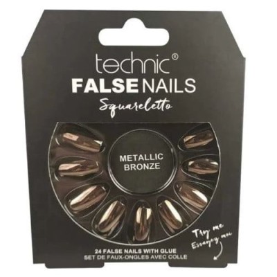Set 24 unghii false, cu adeziv inclus, Technic, False Nails, Squareletto, Metallic Bronze foto