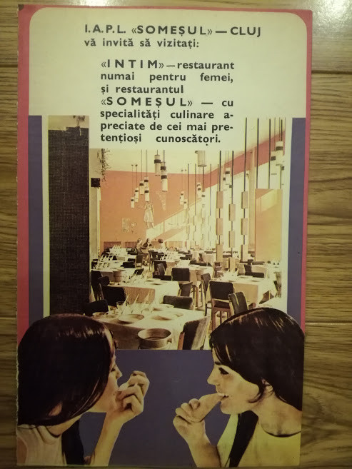 1971, Reclamă Restaurantele INTIM și SOMEȘUL din CLUJ, 15 x 24 cm, epoca de aur