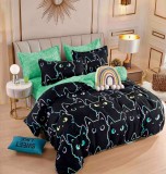 Cumpara ieftin Lenjerie pat single,bumbac finet,4 piese,cearceaf normal,neagra verde cu pisici-A942, Jojo Home