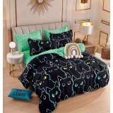 Lenjerie pat single,bumbac finet,4 piese,cearceaf normal,neagra verde cu pisici-A942