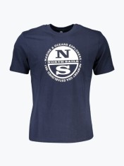 Tricou barbati cu imprimeu cu logo si decolteu la baza gatului bleumarin inchis, S foto