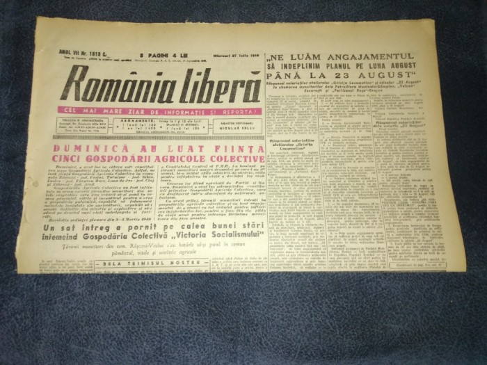 ZIARUL ROMANIA LIBERA 27 IULIE 1949