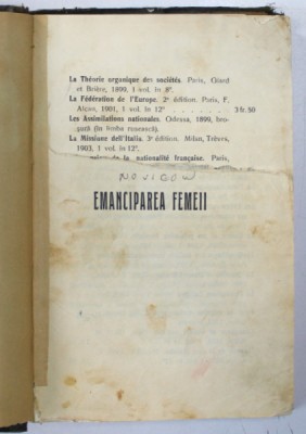 EMANCIPAREA FEMEII de J. NOVICOW , 1912 *LIPSA FRAGMENT PAGINA DE TITLU ( VEZI FOTO ) foto